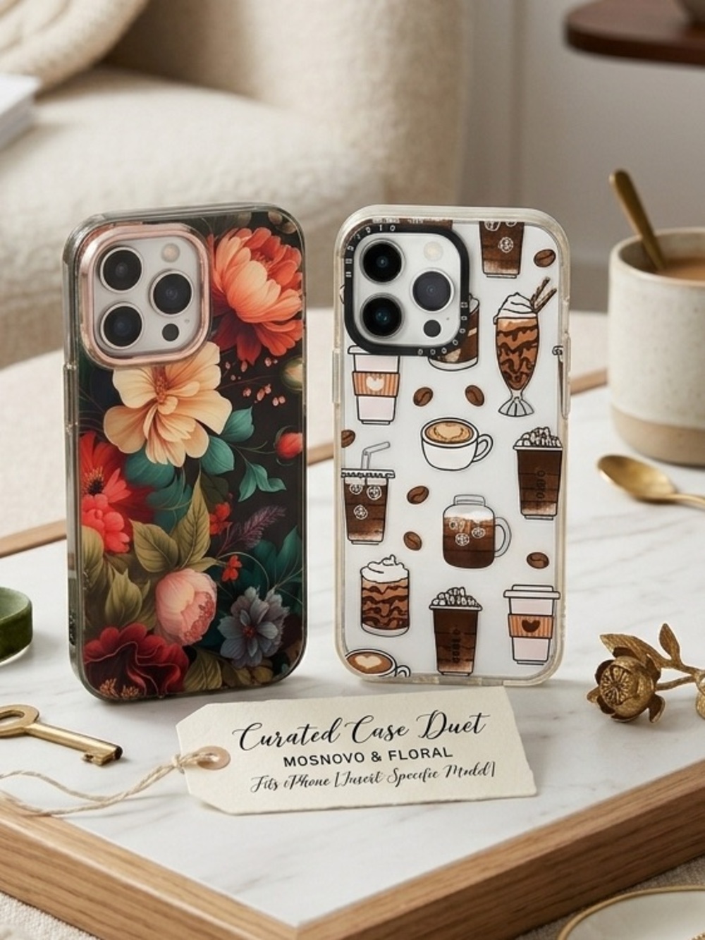 • Vibrant Floral and Coffee Pattern Phone Cases •